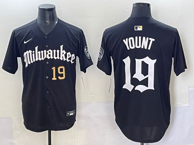 Men 2025 Milwaukee Brewers #19 Yount Black Five generations Joint Name Nike MLB Jersey style 4